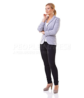 Buy stock photo Thinking, vision and problem solving with business woman in studio isolated on white background for professional career. Future, idea and suit with thoughtful young employee in corporate fashion