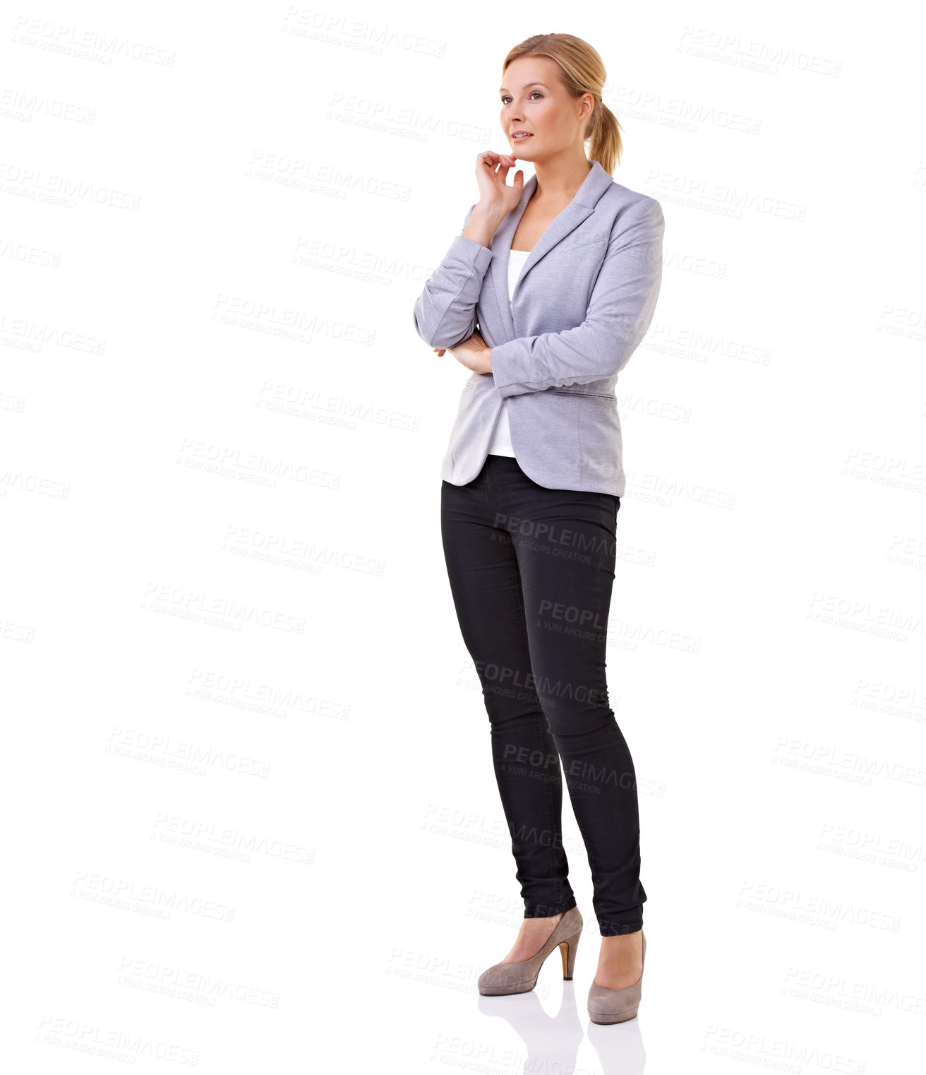 Buy stock photo Thinking, vision and problem solving with business woman in studio isolated on white background for professional career. Future, idea and suit with thoughtful young employee in corporate fashion