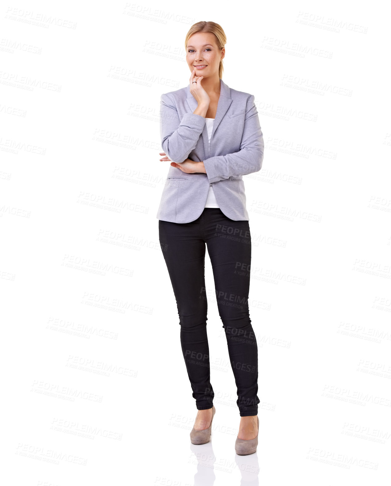 Buy stock photo Portrait, thinking and confident business woman in studio isolated on white background for professional career. Job satisfaction, planning and vision with happy young employee in corporate fashion