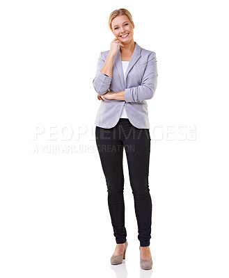 Buy stock photo Portrait, smile and confident business woman in studio isolated on white background for positive mindset. Work, job and fashion for corporate career with happy young employee in professional suit