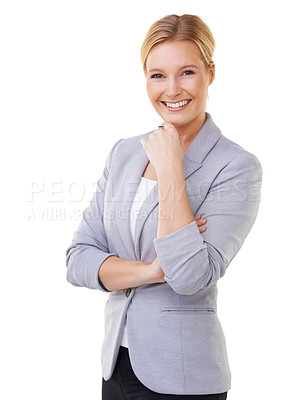 Buy stock photo Portrait, smile and career with business woman in studio isolated on white background for employment. Face, corporate and confident young person in professional suit for job or work as employee