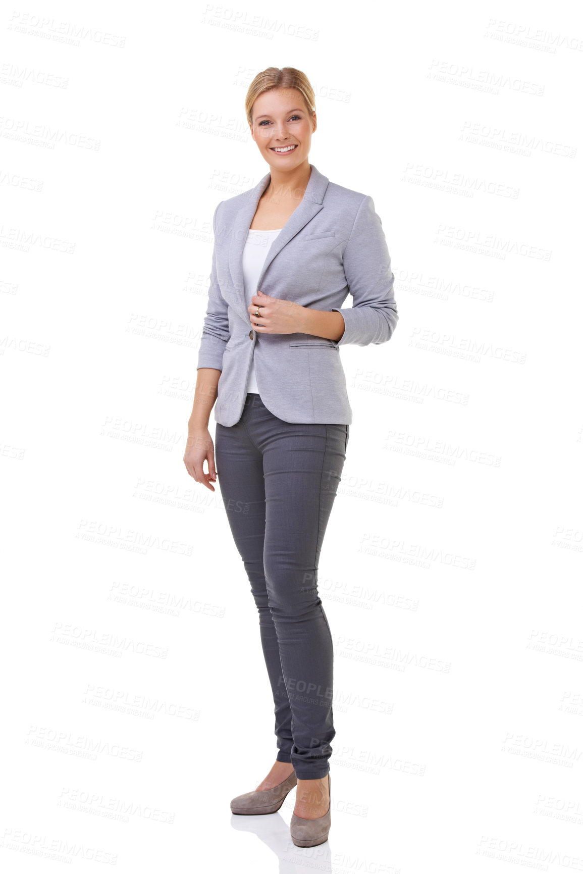 Buy stock photo Fashion, smile and portrait of woman in studio with elegant, business or fancy outfit with blazer. Happy, confidence and full body of female person with corporate style isolated by white background.