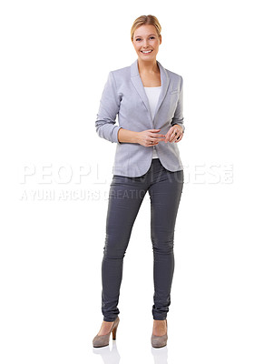 Buy stock photo Fashion, happy and portrait of woman in studio with elegant, business or fancy outfit with blazer. Smile, confidence and full body of female person with corporate style isolated by white background.