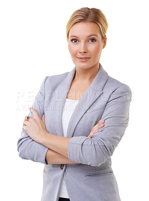 Buy stock photo Portrait, arms crossed and confident business woman in studio isolated on white background for professional career. Proud, body language and suit with serious young employee in corporate fashion