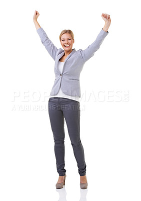 Buy stock photo Portrait, winner and success with business woman in studio isolated on white background for celebration. Wow, motivation and goals with happy young person cheering for target, achievement or victory