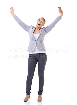 Buy stock photo Wow, winner and success with business woman in studio isolated on white background for celebration. Energy, motivation and goals with happy young person cheering for target, achievement or victory