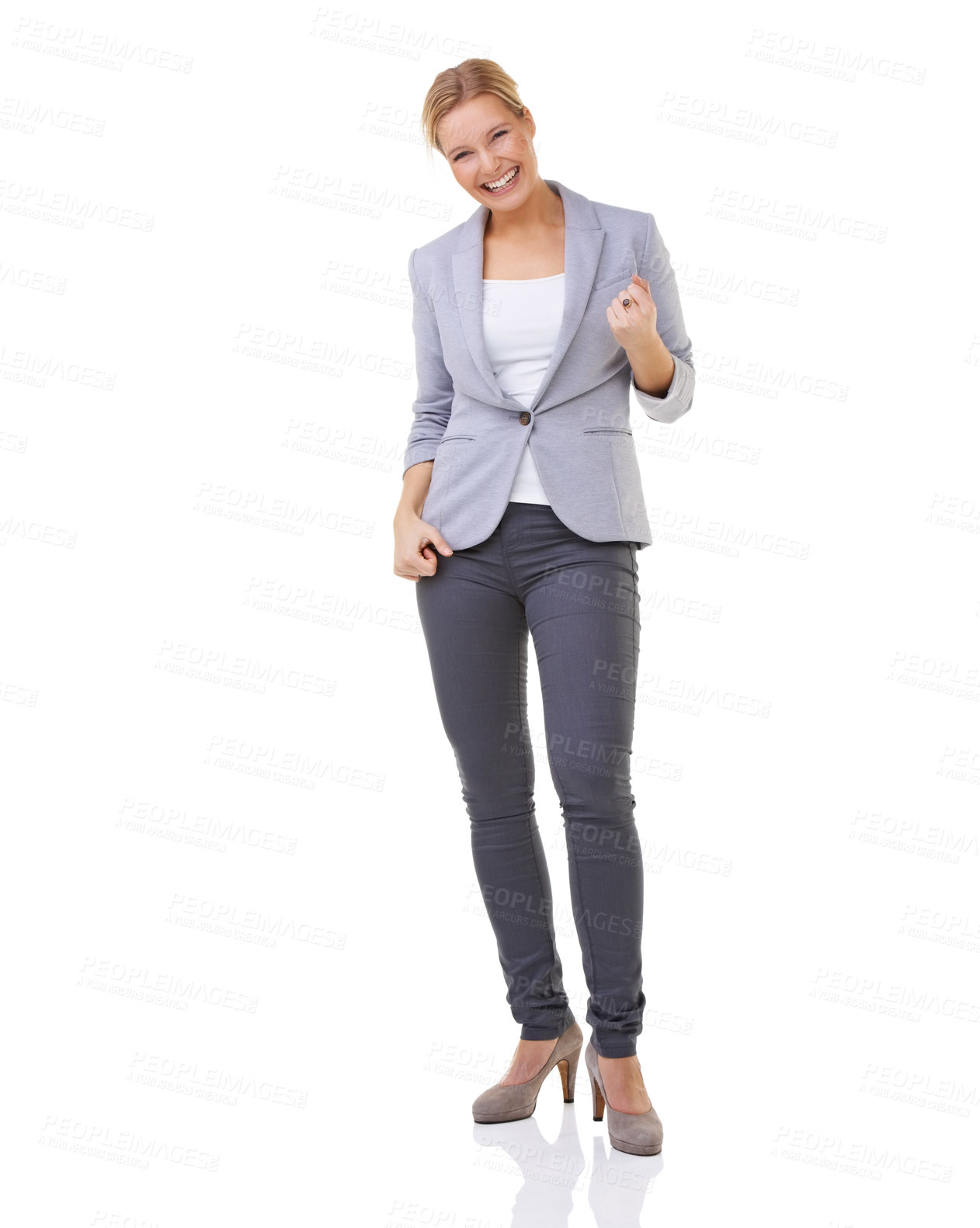 Buy stock photo Business woman, portrait and studio with smile, winning and hills for meeting or briefing. Professional female, formal and happy for startup, company and promotion while standing by white background 