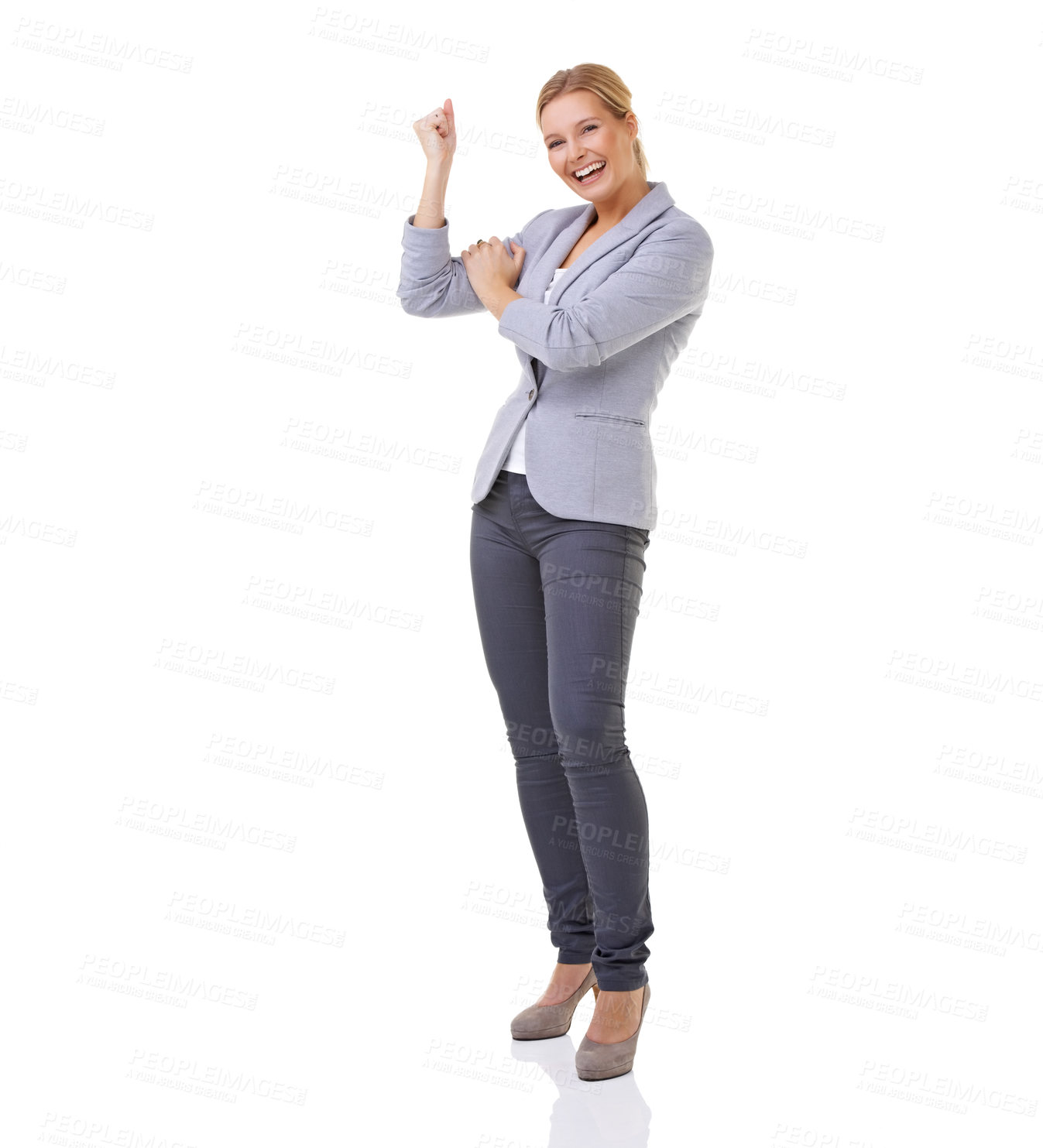 Buy stock photo Business female, portrait and studio with smile, winning and hills for meeting or briefing. Professional women, formal and happy for startup, company and promotion while standing by white background 