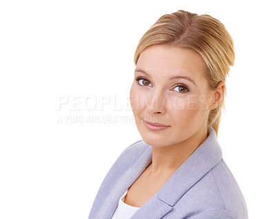 Buy stock photo Portrait, serious and confident business woman in studio isolated on white background for company mission. Work, job and closeup face of young employee in professional suit for corporate career