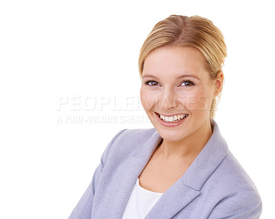 Buy stock photo Businesswoman, smile and portrait in studio with style, job and pride with mockup space. Female entrepreneur, face and isolated with happy expression, confidence and professional on white background