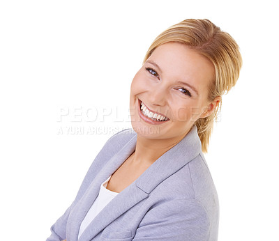 Buy stock photo Portrait, smile and suit with business woman in studio isolated on white background for employment. Face, corporate career and confident or happy young professional employee with job satisfaction