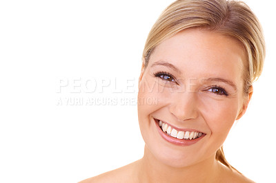 Buy stock photo Woman, portrait and face in studio with smile for dental  closeup of model on white background. Person, happiness and cosmetic for skincare and mouth of clean teeth with beauty of treatment results