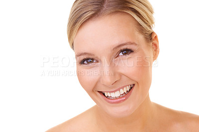 Buy stock photo Person, portrait and face in studio with smile, dental and closeup on model with white background. Woman, happiness and cosmetic for skincare, clean teeth and beauty with facial treatment results 