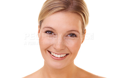 Buy stock photo Lady, portrait and smile for cosmetic, backdrop and white background in studio. Person, happiness and face of skincare, self care and glow of skin for beauty and treatment results of dermatology 