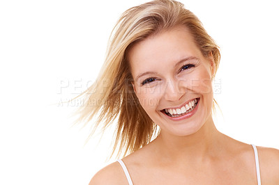 Buy stock photo Portrait, happy and beauty of woman, hair care and makeup in studio isolated on a white background. Face, smile and model with blonde hairstyle, skin and salon treatment at hairdresser for cosmetics