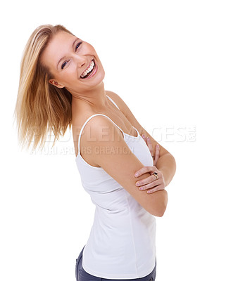 Buy stock photo Portrait, funny and arms crossed with woman excited in studio isolated on white background for humor. Smile, laughing or carefree comic and happy young person having fun with joke, comedy or meme