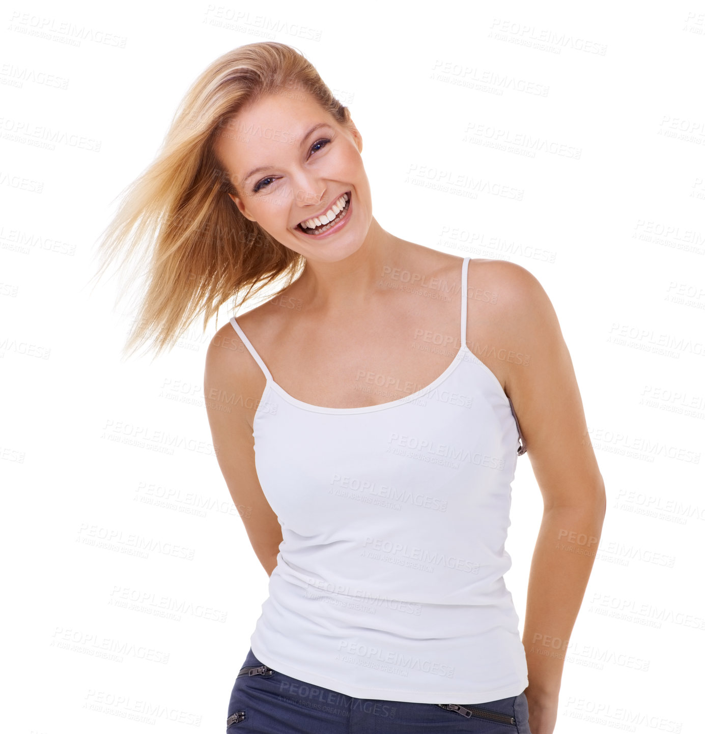 Buy stock photo Studio, model and portrait with smile, face and skincare for health and wellness or happiness. Woman, white background and confidence with casual, natural attitude for expression or self care