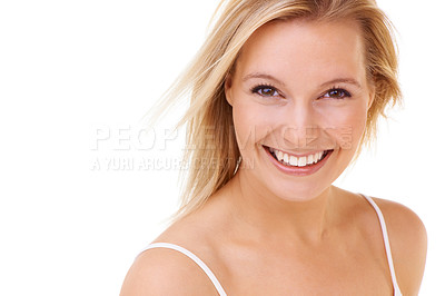 Buy stock photo Portrait, smile and beauty of woman, skincare and shine in studio isolated on a white background. Face, happy and blonde model in makeup, cosmetics and spa facial treatment for dermatology on mockup