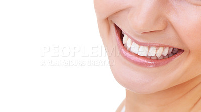 Buy stock photo Mouth, teeth and smile for dental hygiene or oral care in studio isolated on white background with space. Dentist, wellness and whitening with happy person on mockup to prevent gingivitis or decay