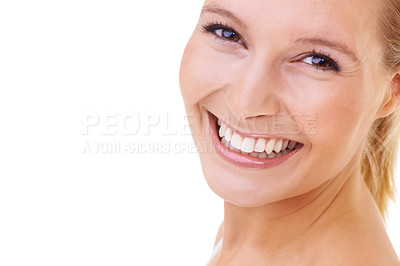 Buy stock photo Portrait, teeth and beauty of happy woman, skincare and shine in studio isolated on a white background. Face, glow and blonde model in makeup cosmetics, dermatology and spa facial treatment on mockup