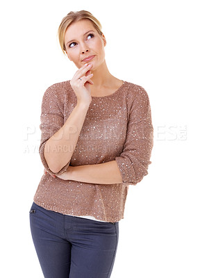 Buy stock photo Woman, thinking and remember idea in studio, white background and planning mock up. Question, why and person with decision, choice or creative solution for problem solving with information from faq