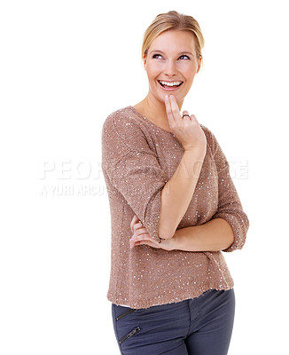 Buy stock photo Thinking, idea and happy woman remember in studio, white background and planning mockup. Creative, brainstorming and person with decision, choice and solution with information from faq or memory