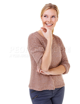 Buy stock photo Thinking, woman and remember idea in studio, white background and planning mock up. Question, why and person with decision, choice or creative solution or reminder of memory with information in faq