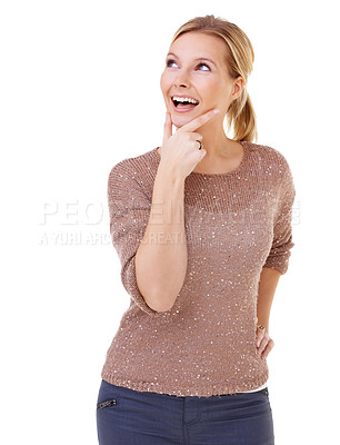 Buy stock photo Studio shot of a young blonde smiling widely and touching her chin