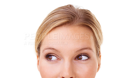 Buy stock photo Thinking, woman and half of face with eyes for planning or memory of idea in studio, white background or mockup. Question, why and person with decision, choice or problem solving with info from faq