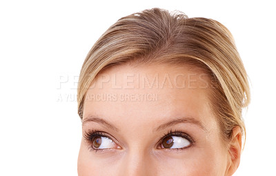 Buy stock photo Closeup, eyes and woman with ideas, questions and decisions while planning, thinking and dreaming. Mockup, female person and vision with memories or dreams of future with white background in studio