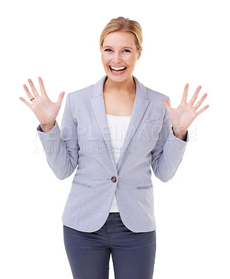 Buy stock photo Portrait, smile and wow with business woman in studio isolated on white background for celebration. Winner, surprise and excited with happy young employee cheering for target, goals or victory