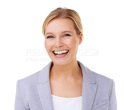 Buy stock photo Portrait, smile and laughing with business woman in studio isolated on white background for comedy. Face, funny or humor with happy young professional employee having fun in suit for corporate career