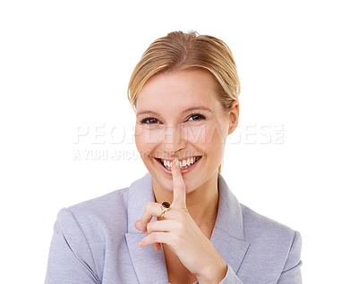 Buy stock photo Secret, portrait and woman with finger on lips in studio for hush news, mute or quiet gesture on white background. Gossip, face and female model with hand emoji for privacy, confidential or whisper