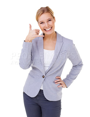 Buy stock photo Woman, studio and portrait with hand, gesture and smile with hand phone, confidence and suit. Businesswoman, telephone and white background for call me, hand raised and attitude for contact and wow