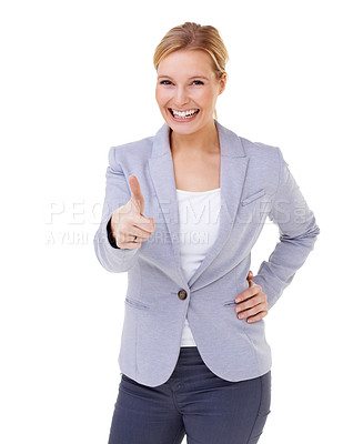 Buy stock photo Thumbs up, portrait or happy business woman in studio with motivation, support or thank you sign on white background. Winner, face or entrepreneur with hand emoji for service, excellence or guarantee