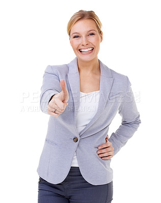Buy stock photo Portrait, thumbs up or happy business woman in studio with motivation, support or thank you sign on white background. Winner, face or entrepreneur with hand emoji for service, excellence or guarantee