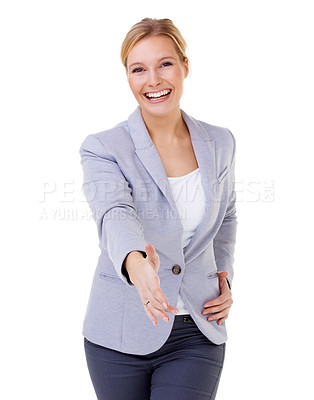 Buy stock photo Portrait, smile and handshake with business woman in studio isolated on white background for welcome. Thank you, partnership or interview with young human resources employee shaking hands for deal