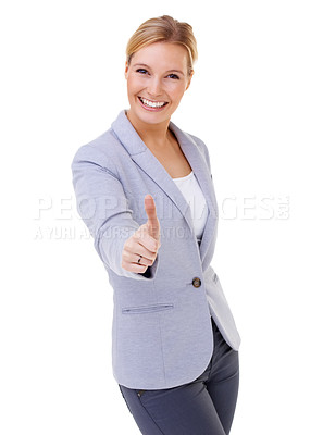 Buy stock photo Portrait, smile and thumbs up with business woman in studio isolated on white background for support. Thank you, motivation or success and happy young employee with emoji hand gesture for yes or like