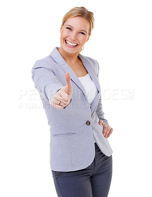 Buy stock photo Portrait, thank you and thumbs up with business woman in studio isolated on white background for support. Smile, motivation or success and happy young employee with emoji hand gesture for yes or like