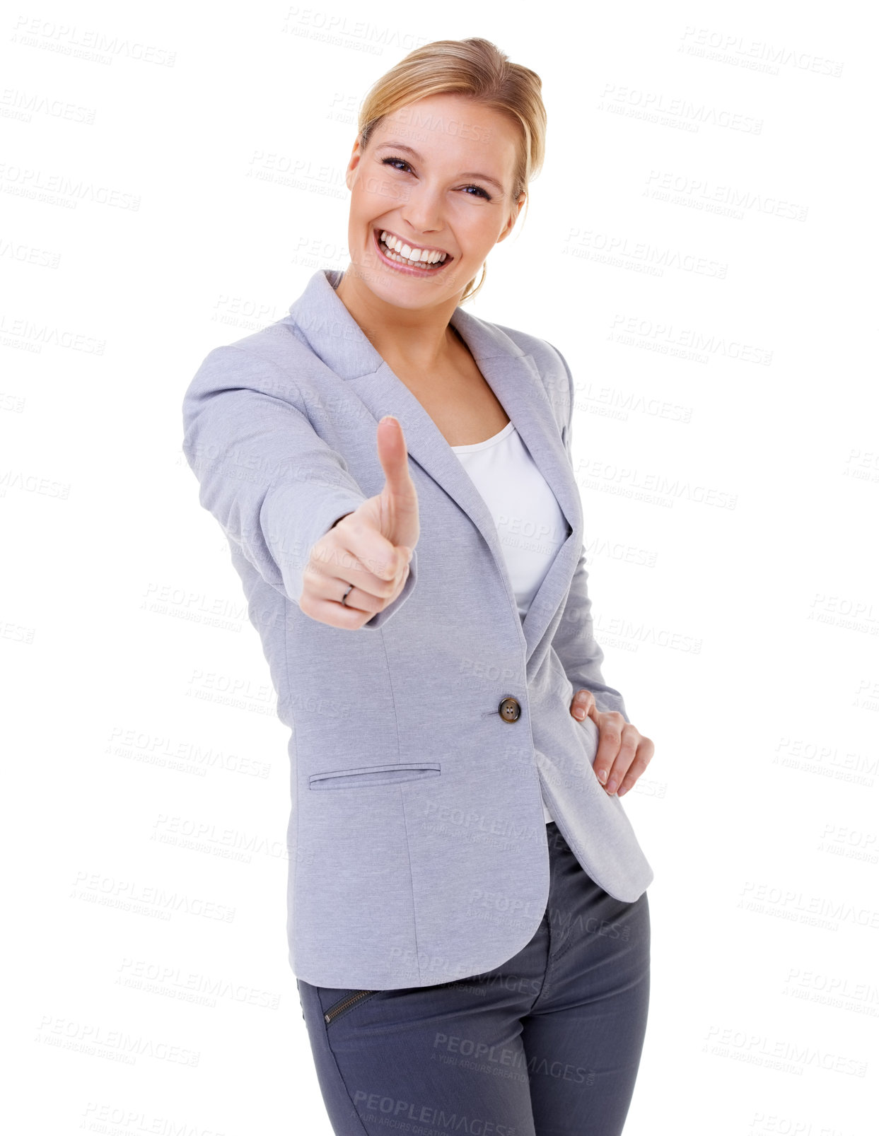 Buy stock photo Portrait, thank you and thumbs up with business woman in studio isolated on white background for support. Smile, motivation or success and happy young employee with emoji hand gesture for yes or like