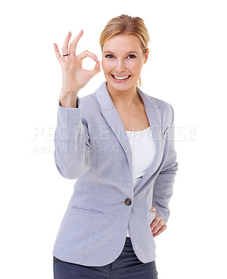 Buy stock photo Woman, studio and portrait with hand, ok gesture and smile or emoji with confidence and suit. Businesswoman, employee and white background for excited, promotion and attitude for contact and wow