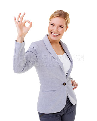 Buy stock photo Businesswoman, studio and portrait with ok gesture, emoji and smile with hand or confidence and suit. Woman, employee and white background for excited, promotion and attitude for contact and wow