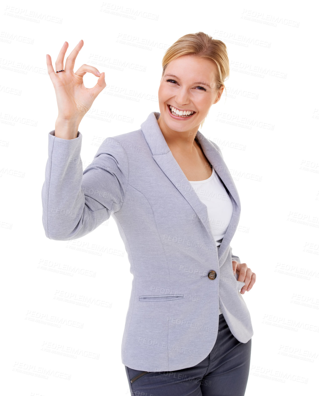 Buy stock photo Businesswoman, studio and portrait with ok gesture, emoji and smile with hand or confidence and suit. Woman, employee and white background for excited, promotion and attitude for contact and wow