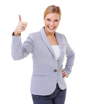 Buy stock photo Woman, studio and portrait with emoji, thumbs up and smile for thank you, confidence and suit. Entrepreneur, happiness and white background for approval, excited and attitude for contact and wow