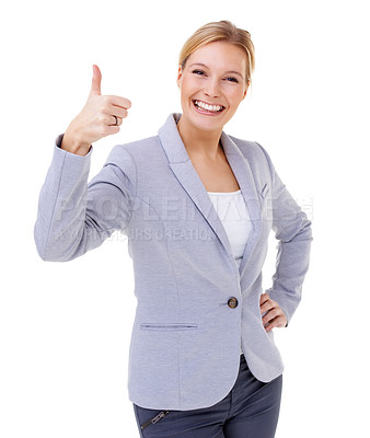 Buy stock photo Woman, white background and portrait with emoji, thank you and smile with thumbs up, confidence and suit. Entrepreneur, happiness and studio for approval, excited and attitude for contact and wow