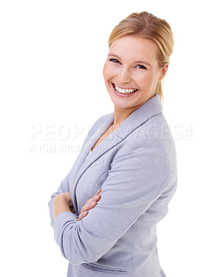 Buy stock photo Professional woman, fashion and smile in studio with confidence for startup, success and pride. Happy, entrepreneur and pose with hands on hips for positive, job and career on white background