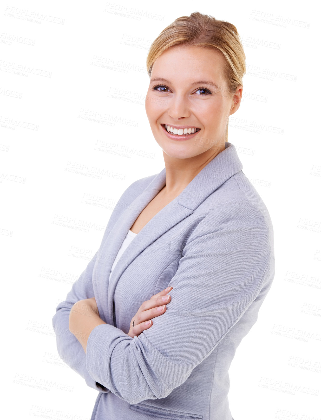 Buy stock photo Professional, crossed arms and portrait of woman in studio with positive, good and confident attitude. Happy, pride and young female person with business fashion or style isolated by white background
