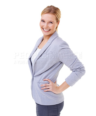 Buy stock photo Businesswoman, fashion and smile in studio with confidence for startup, opportunity and portrait. Professional, entrepreneur and hands on hips for job, pride and career isolated on white background
