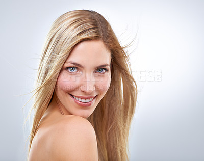 Buy stock photo Beauty, hair and portrait of woman in studio with natural makeup, smile and straight hairstyle. Haircare, cosmetics and happy model with keratin growth, wind and face of girl on white background.