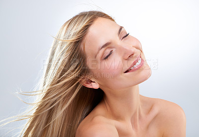 Buy stock photo Beauty, hair and face of woman in studio with natural makeup, smile and straight balayage hairstyle. Haircare, cosmetics and happy model with keratin growth, relax and girl on white background.